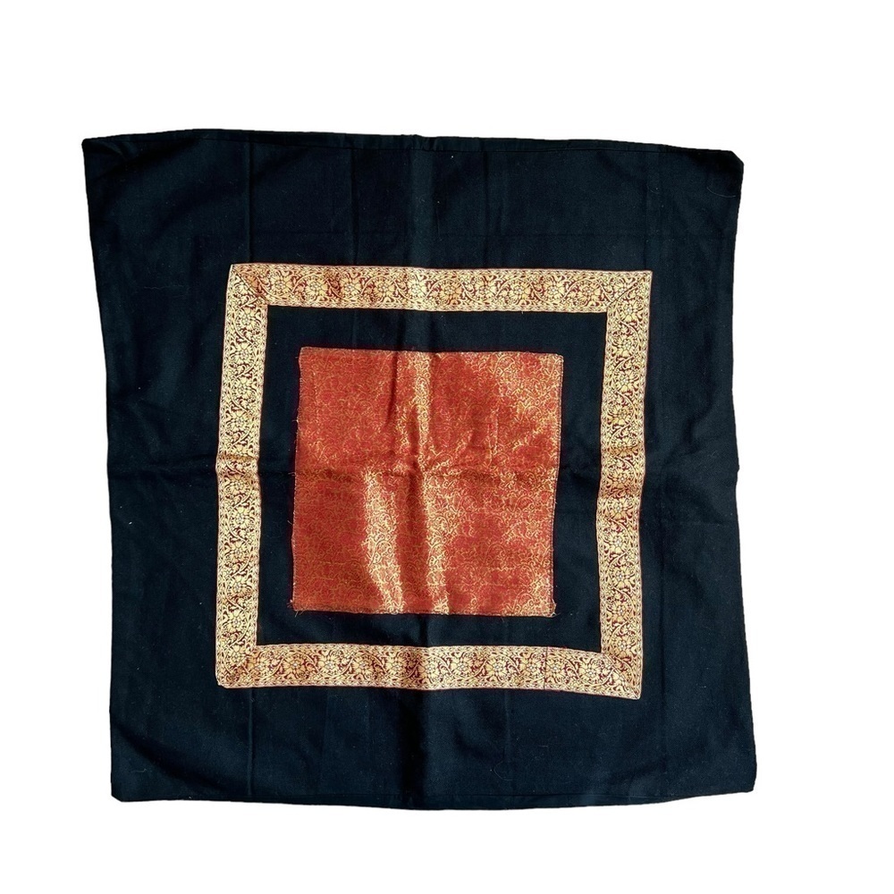 Black Brocade Accent Cushion Cover with Red/Gold Fabric Appliqué